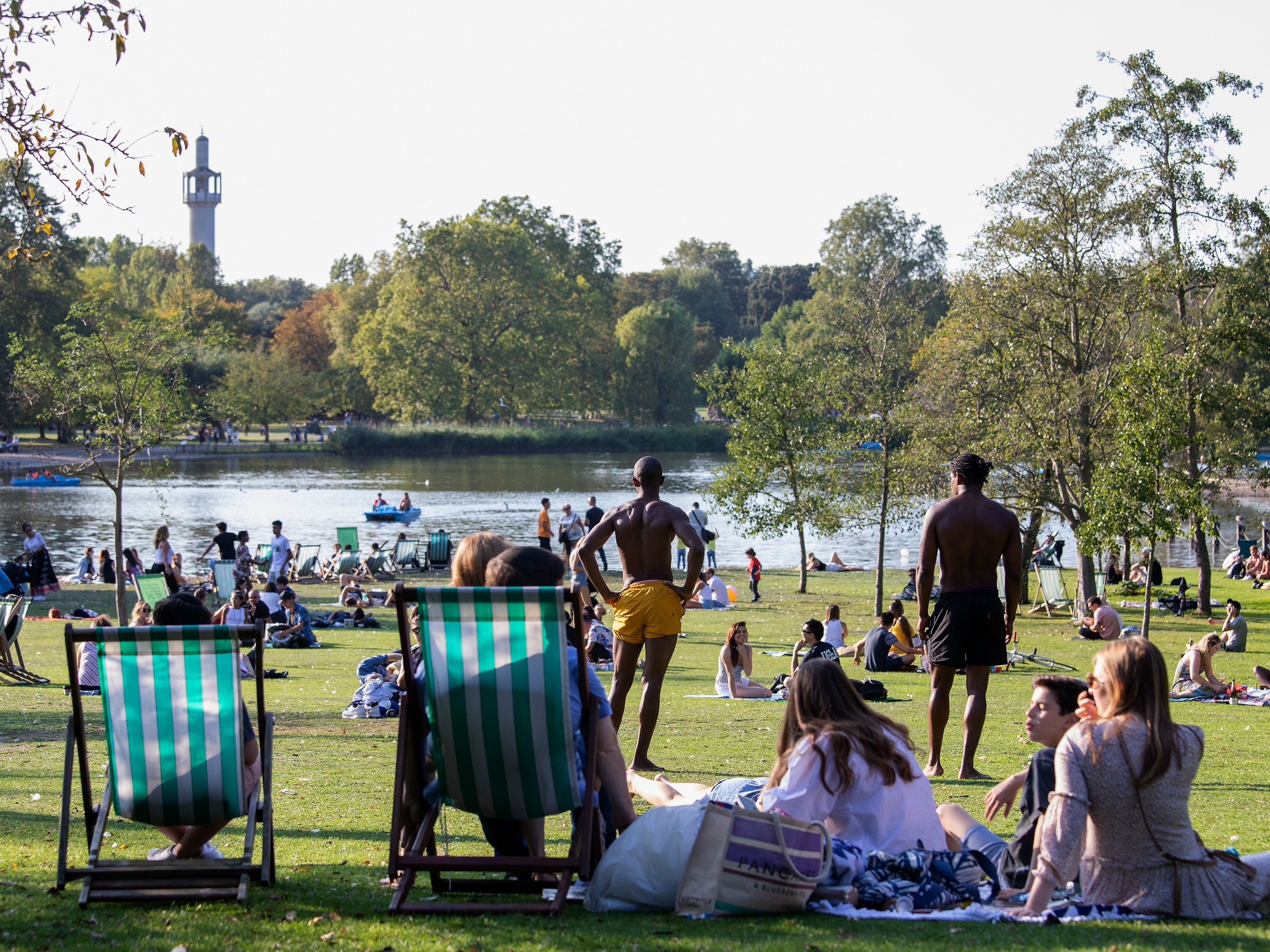 People relaxing in Regents Park by the lake