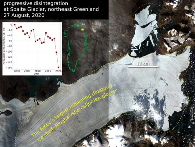 An area around 113km2 has been lost from the ice shelf in Greenland 