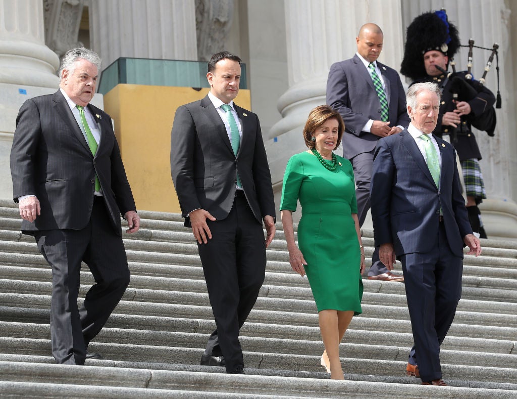 From left, Congressman Peter King, R-NY, Irish Minister for Enterprise, Trade and Employment Leo Varadkar, Speaker Nancy Pelosi, and House Ways and Means Chairman Richard Neal descend the steps of the US Capitol in March. All three US lawmakers have fiercely defended the Good Friday Agreement.
