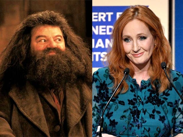 Robbie Coltrane as Hagrid, and JK Rowling at an awards ceremony in 2019