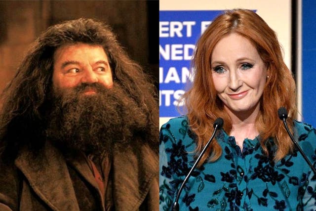 Robbie Coltrane as Hagrid, and JK Rowling at an awards ceremony in 2019