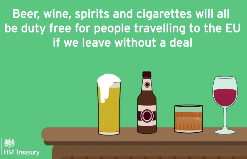 Three cheers? As this Treasury ad from 2019 indicates, British holidaymakers will be able to buy beer, spirits and wine without duty from 2021