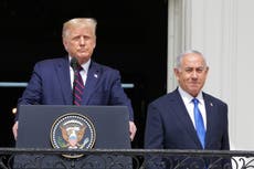 'Peace without blood all over the sand': Trump jokes about Netanyahu's love of war and both attack 'tyrants of Tehran' at peace summit