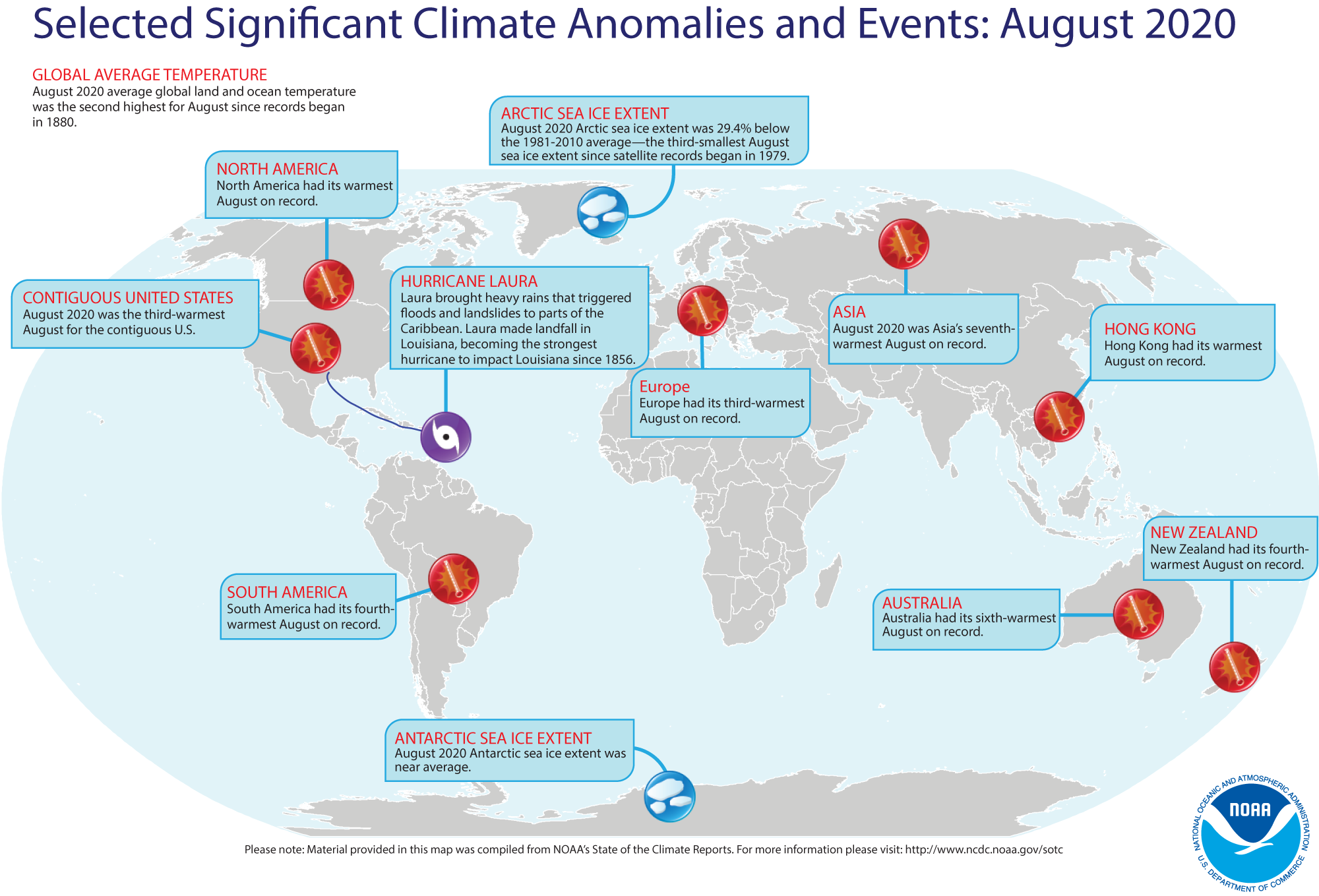 A global map plotted with some of the most significant weather and climate events that occurred during August 2020