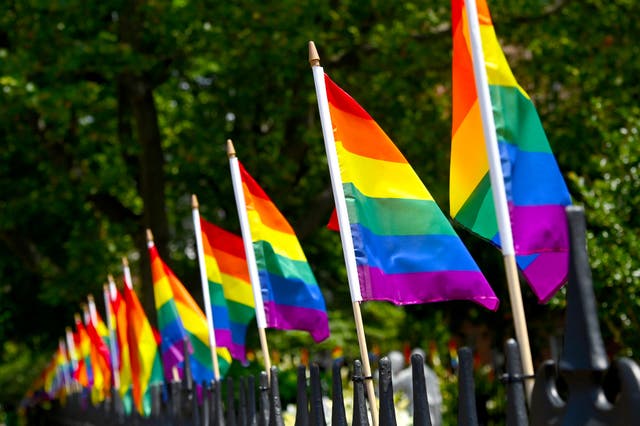 Pride Flags decorate Christopher Park on 20 June 2020 in New York City