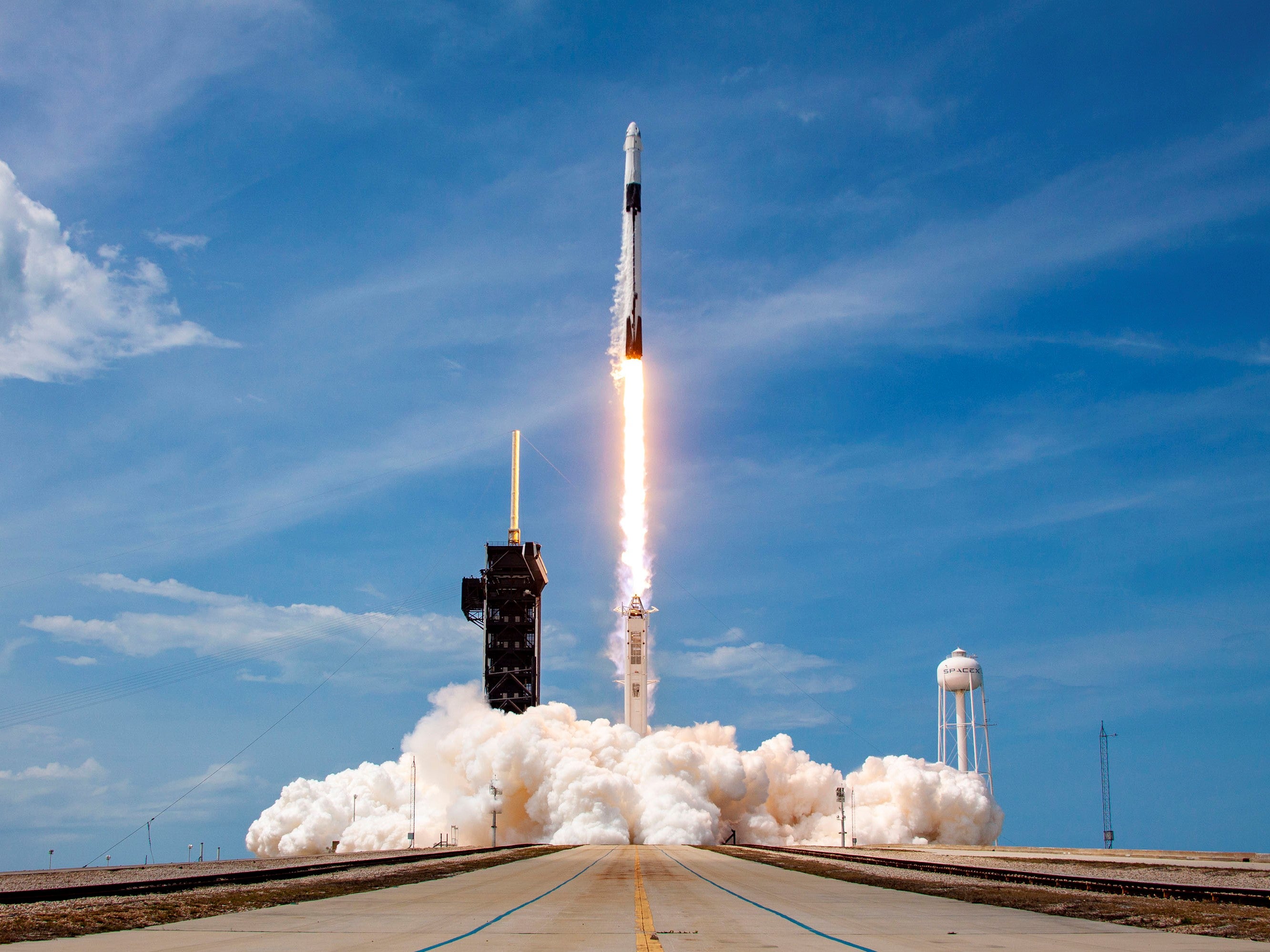 A SpaceX Falcon 9 rocket carrying the Crew Dragon spacecraft launches from Cape Canaveral, Florida on 30 May, 2020
