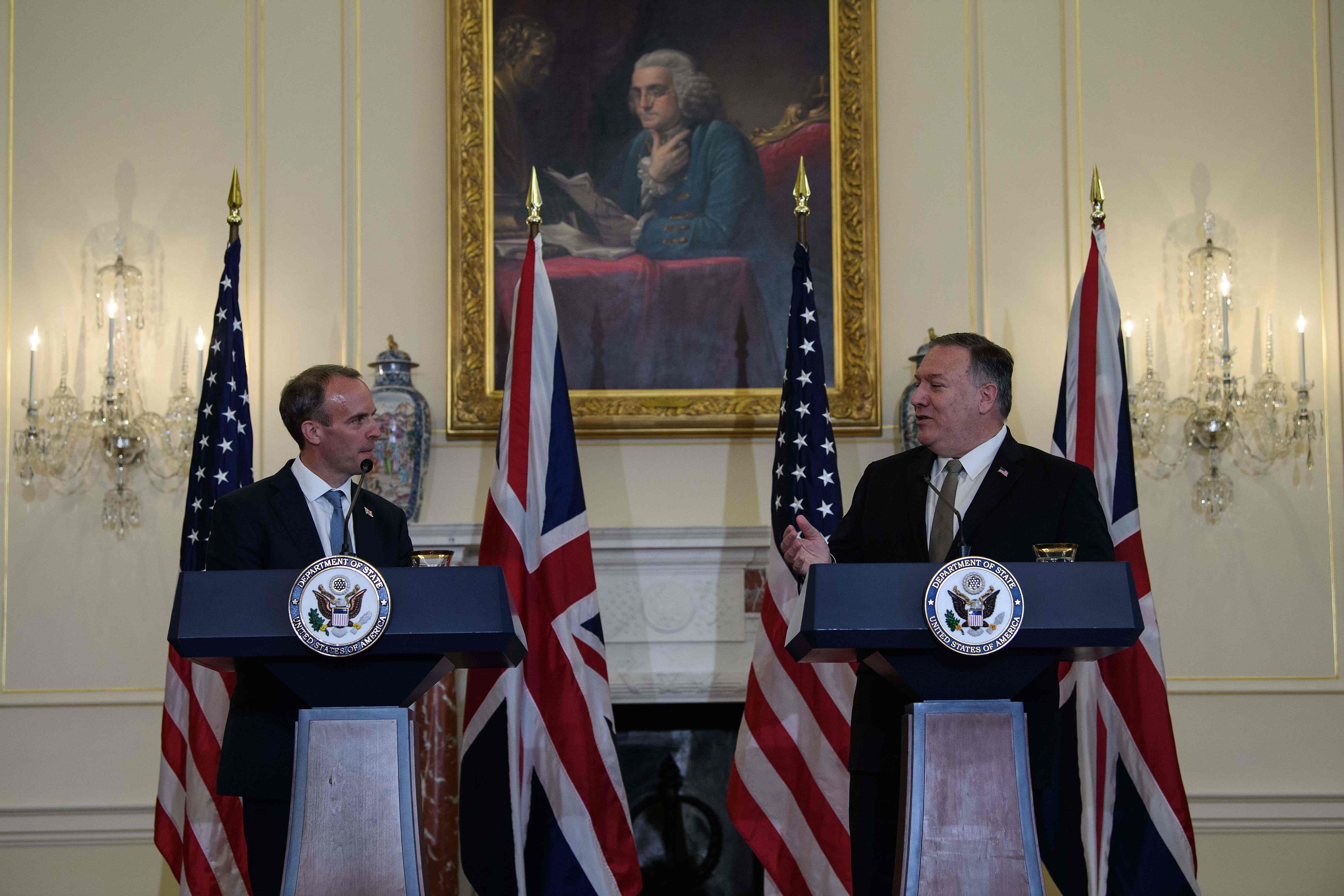 US Secretary of State Mike Pompeo (R) speaks at a press conference with British Foreign Secretary Dominic Raab at the State Department in Washington