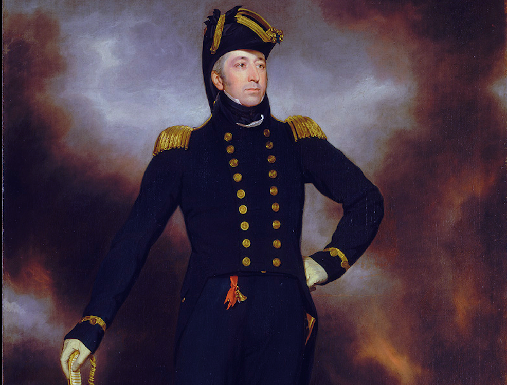 A portrait by John James Halls of Admiral Cockburn stood in front of a burning Washington
