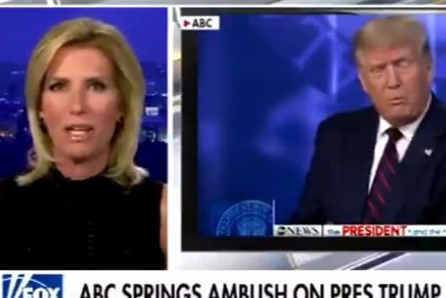 Fox News host Laura Ingraham claims ABC News 'ambushed' Donald Trump during town hall event.