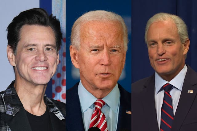 Joe Biden (centre), and his 'SNL' impersonators, past (Woody Harrelson, right) and future (Jim Carrey, left)