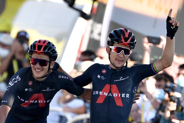 Michal Kwiatkowski (right) celebrates his stage win