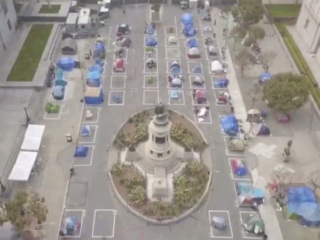 A homeless encampment site across from San Francisco's City Hall