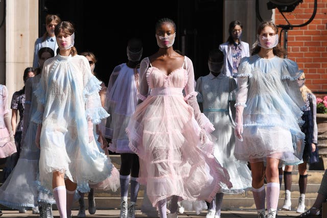 Models display the Bora Aksu spring/summer 2021 collection at London Fashion Week, 18 September 2020