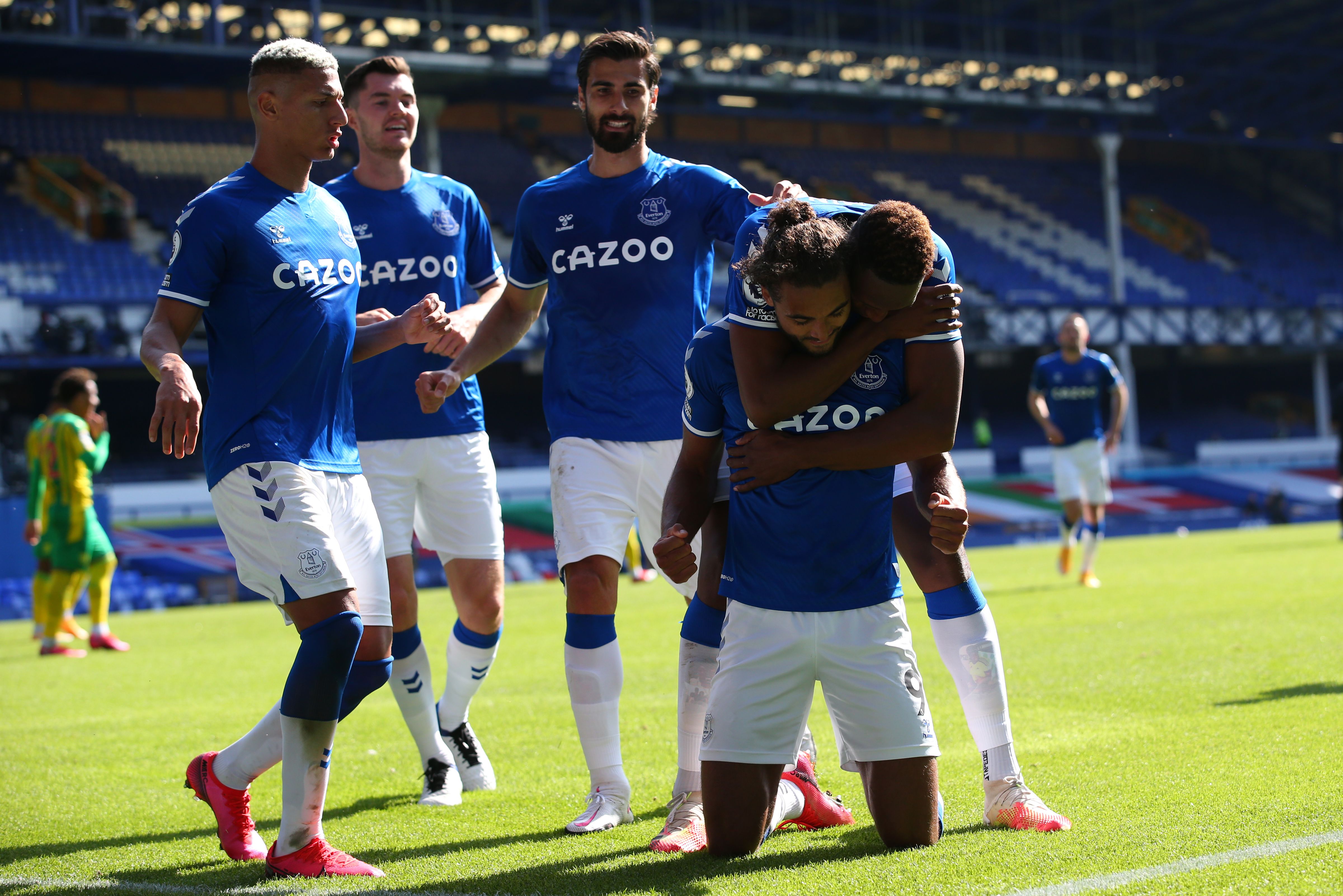 Everton players celebrate with hat-trick hero Dominic Calvert-Lewin
