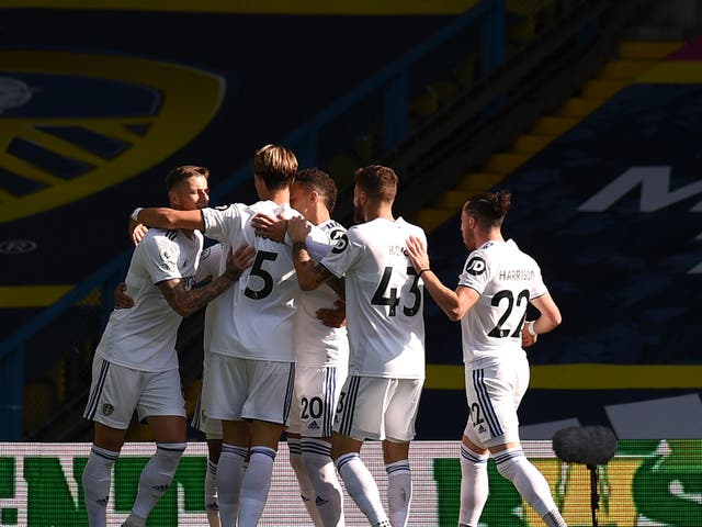 Leeds players celebrate after Helder Costa scores against Fulham