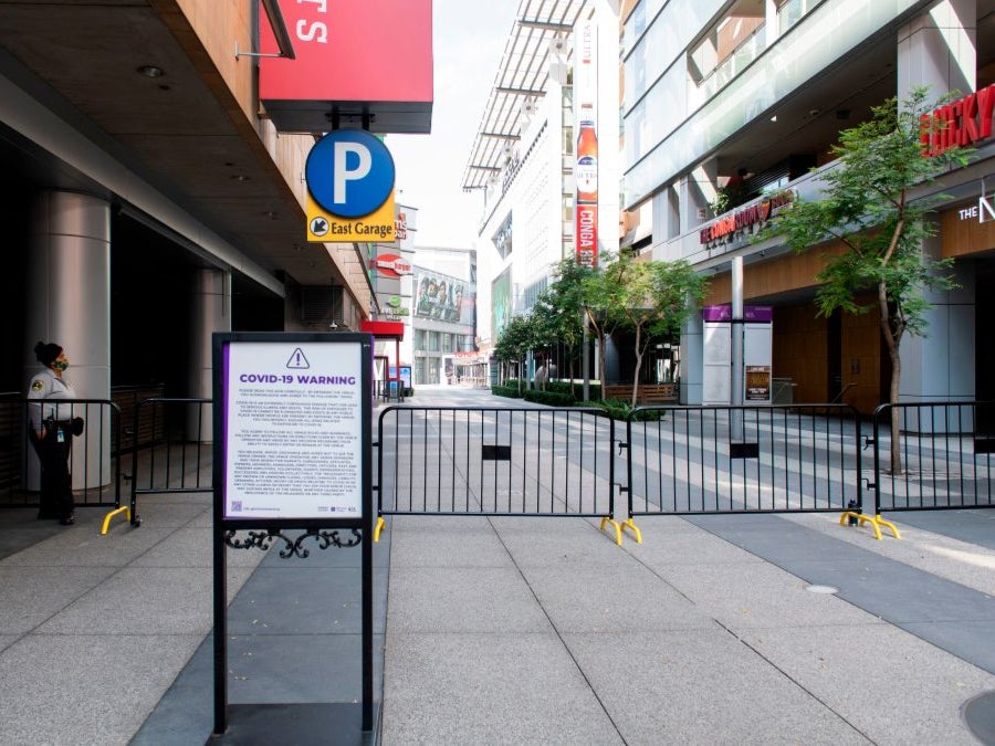 The LA Live Xbox Plaza, usually crowded during the Emmys, is closed to the public amid the coronavirus pandemic on 18 September 2020, in Los Angeles California