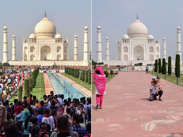 Large crowds at the Taj Mahal in 2018 compared to its reopening on 21 September