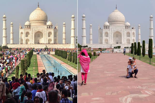 Large crowds at the Taj Mahal in 2018 compared to its reopening on 21 September
