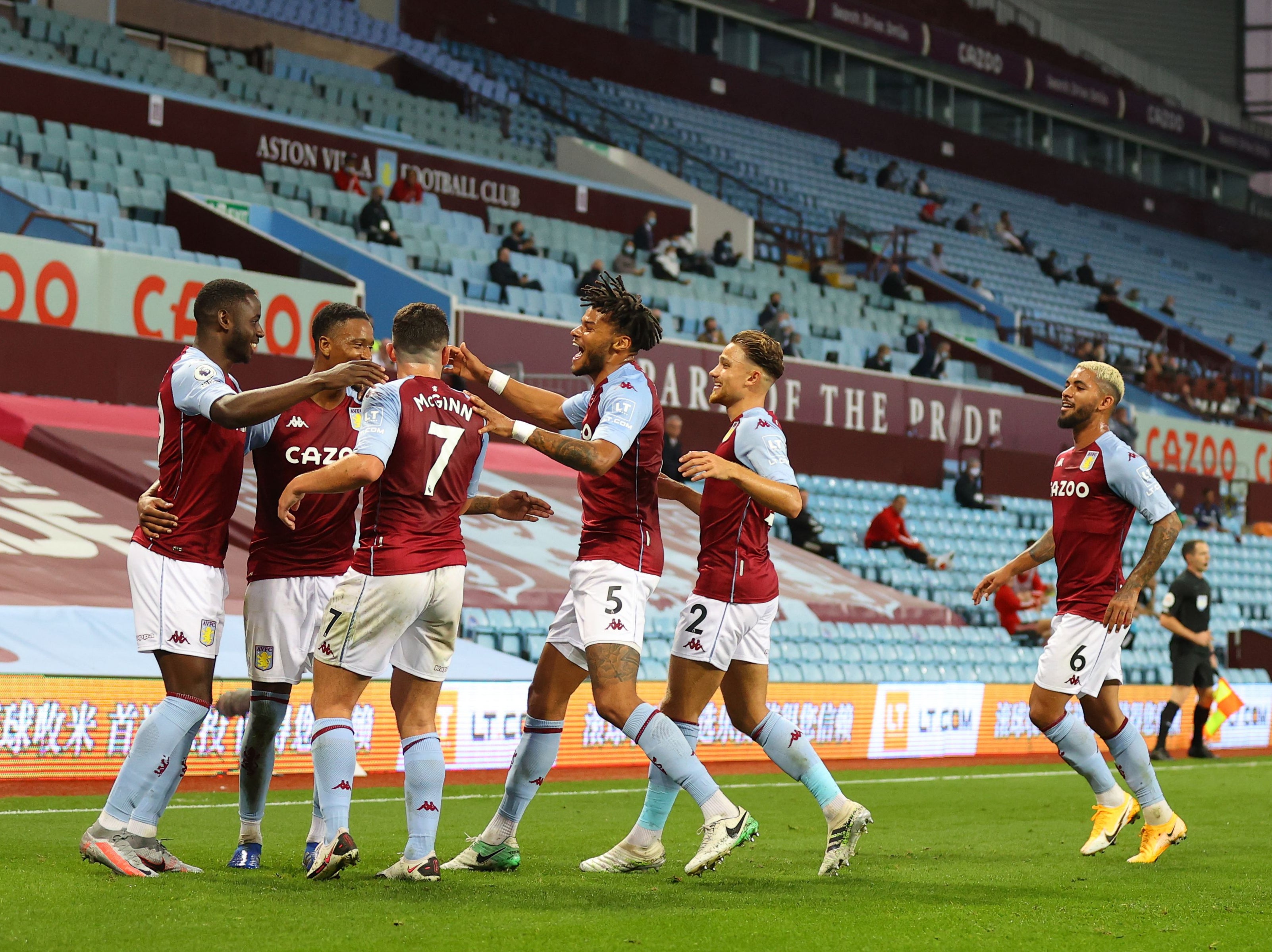 Aston Villa celebrate Ezri Konsa's winner