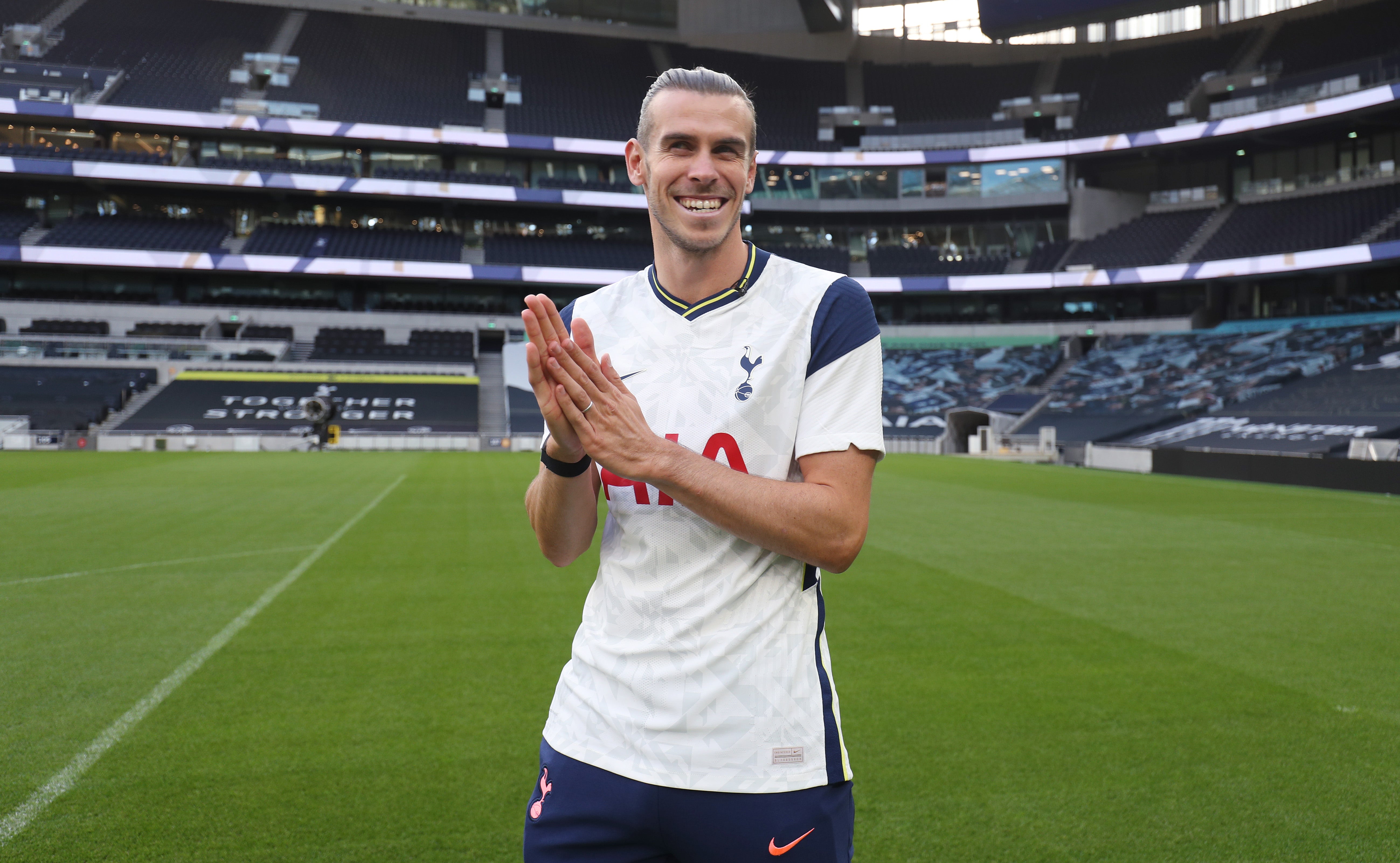 Gareth Bale poses at Tottenham's new stadium