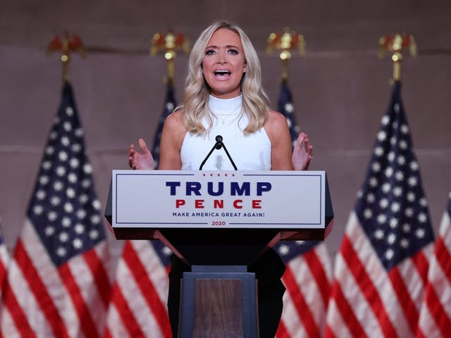 White House press secretary Kayleigh McEnany addresses the Republican National Convention. On Tuesday, she defended Donald Trump's statements about the coronavirus.