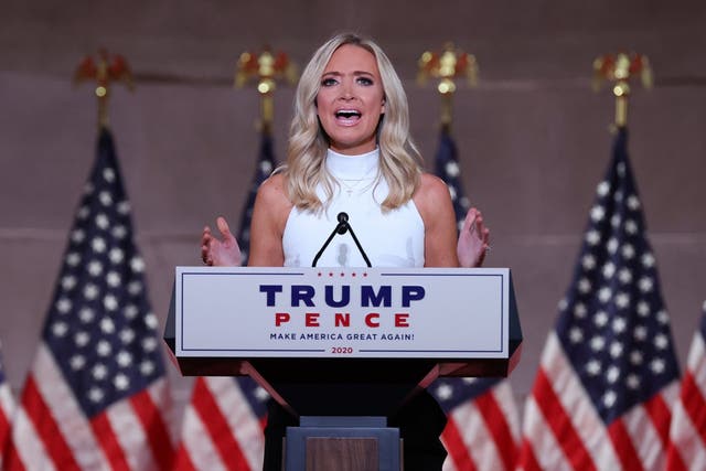 White House press secretary Kayleigh McEnany addresses the Republican National Convention. On Tuesday, she defended Donald Trump's statements about the coronavirus.