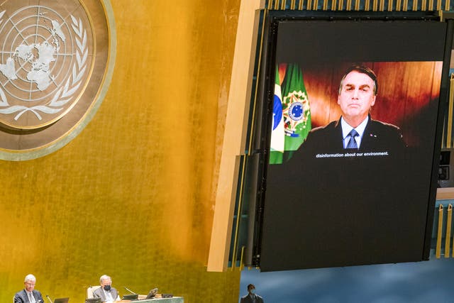 President of Brazil Jair Bolsonaro speaks during the 75th annual U.N. General Assembly, which is being held mostly virtually due to the coronavirus pandemic 