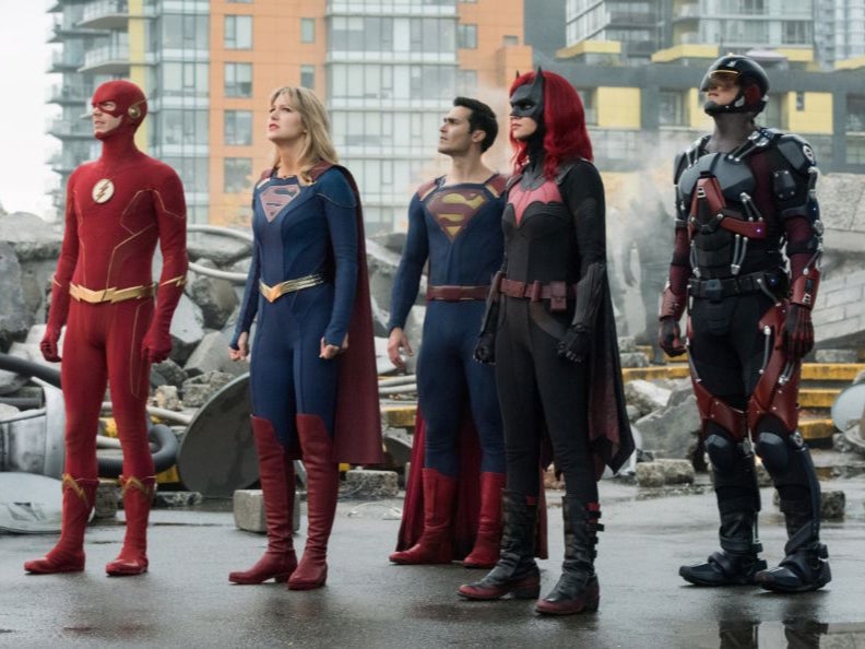 Supergirl (2nd left) with fellow Arrowverse heroes