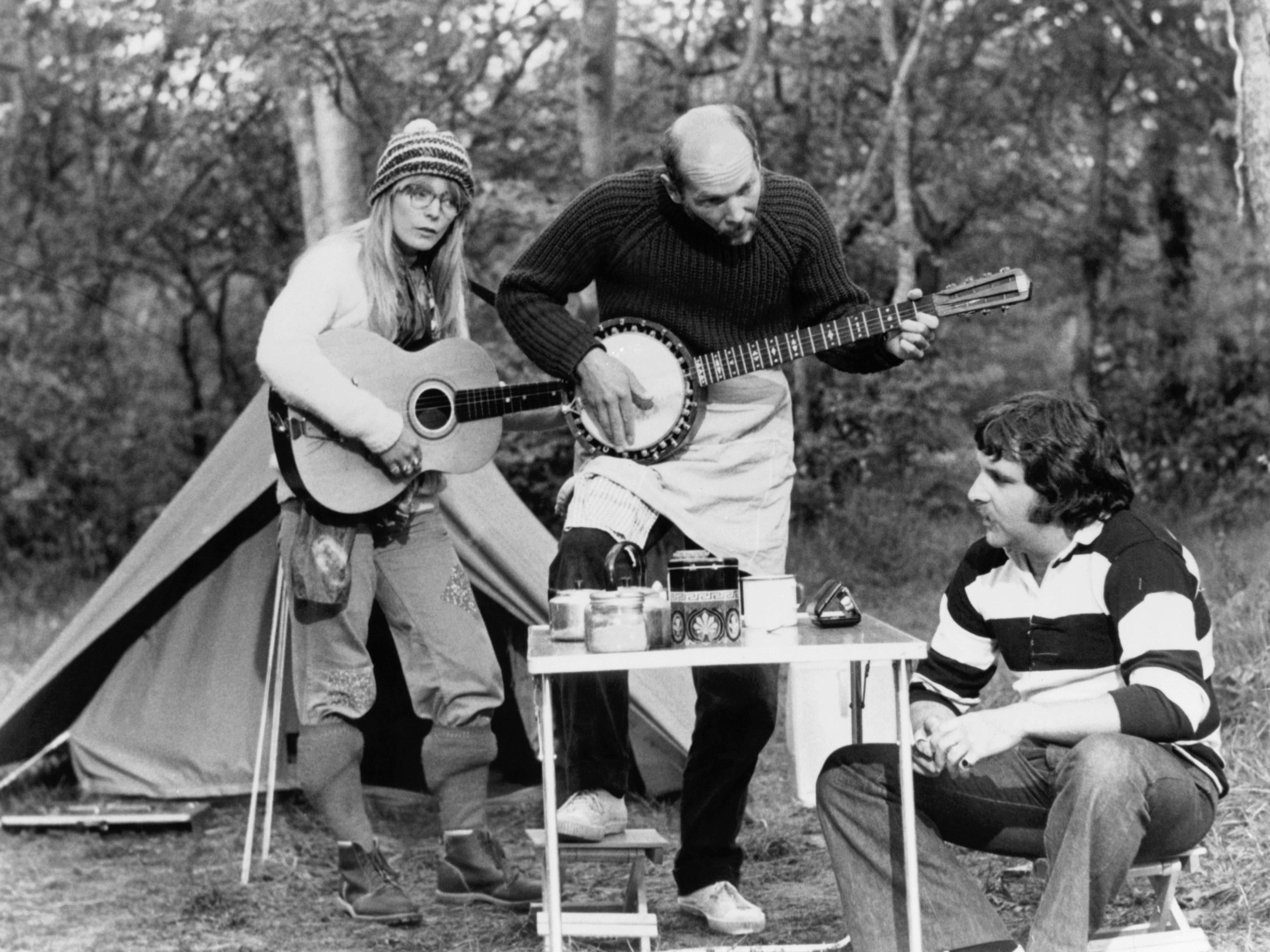 Steadman as Candice Marie, Roger Sloman as Keith and Anthony O’Donnell as Ray in Mike Leigh’s classic camping film ‘Nuts in May’ (1976)