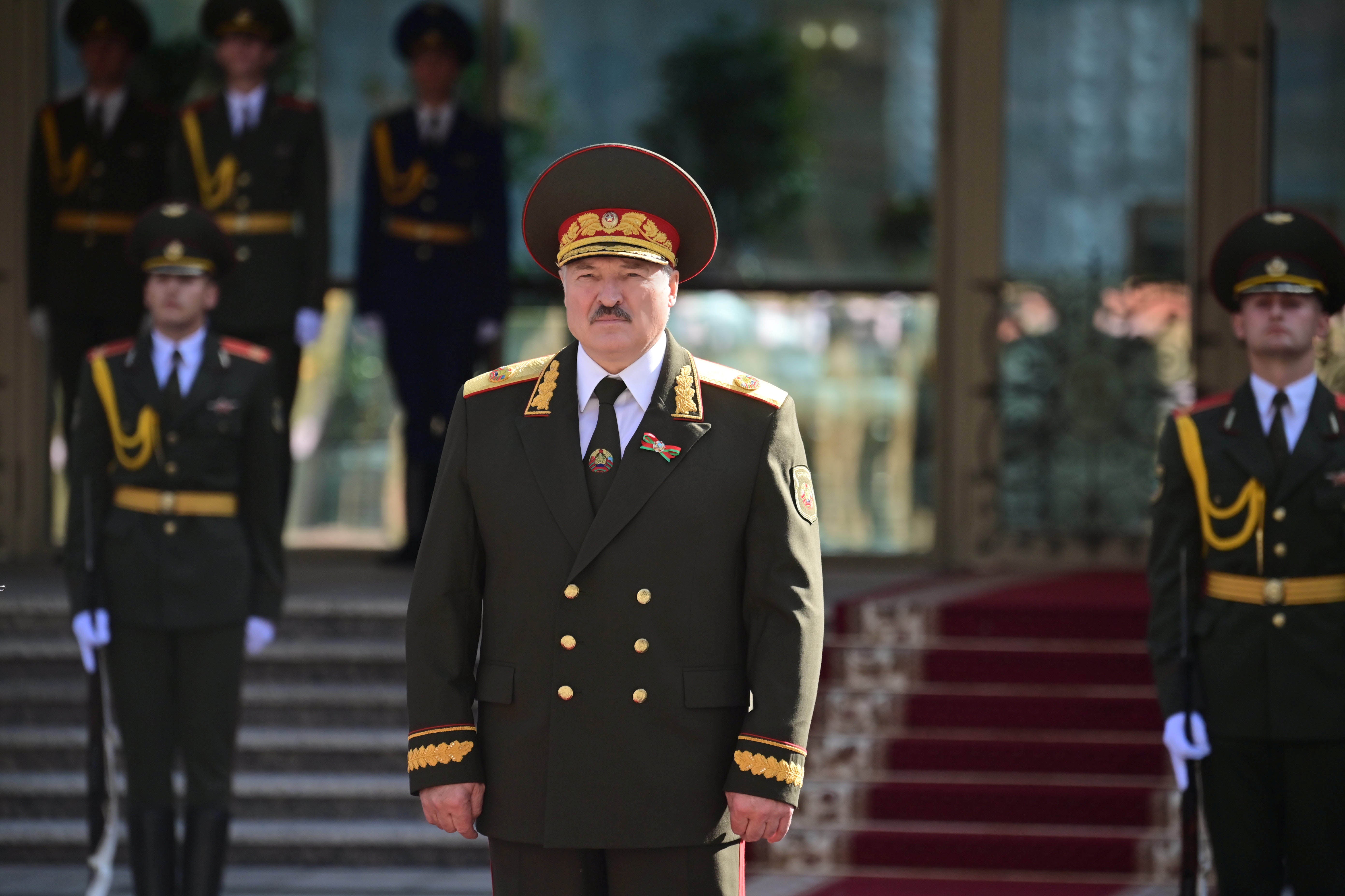 Belarusian president Alexander Lukashenko stands to attention at his inauguration ceremony in Minsk on Wednesday