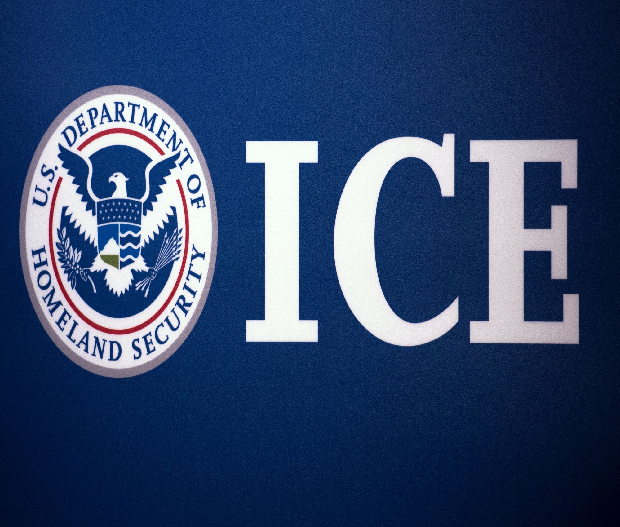 The Immigration and Customs Enforcement (ICE) seal is seen before a press conference discussing ongoing enforcement efforts to combat human smuggling along the Southwest border of the United States on 22 July 2014 at ICE headquarters in Washington, DC
