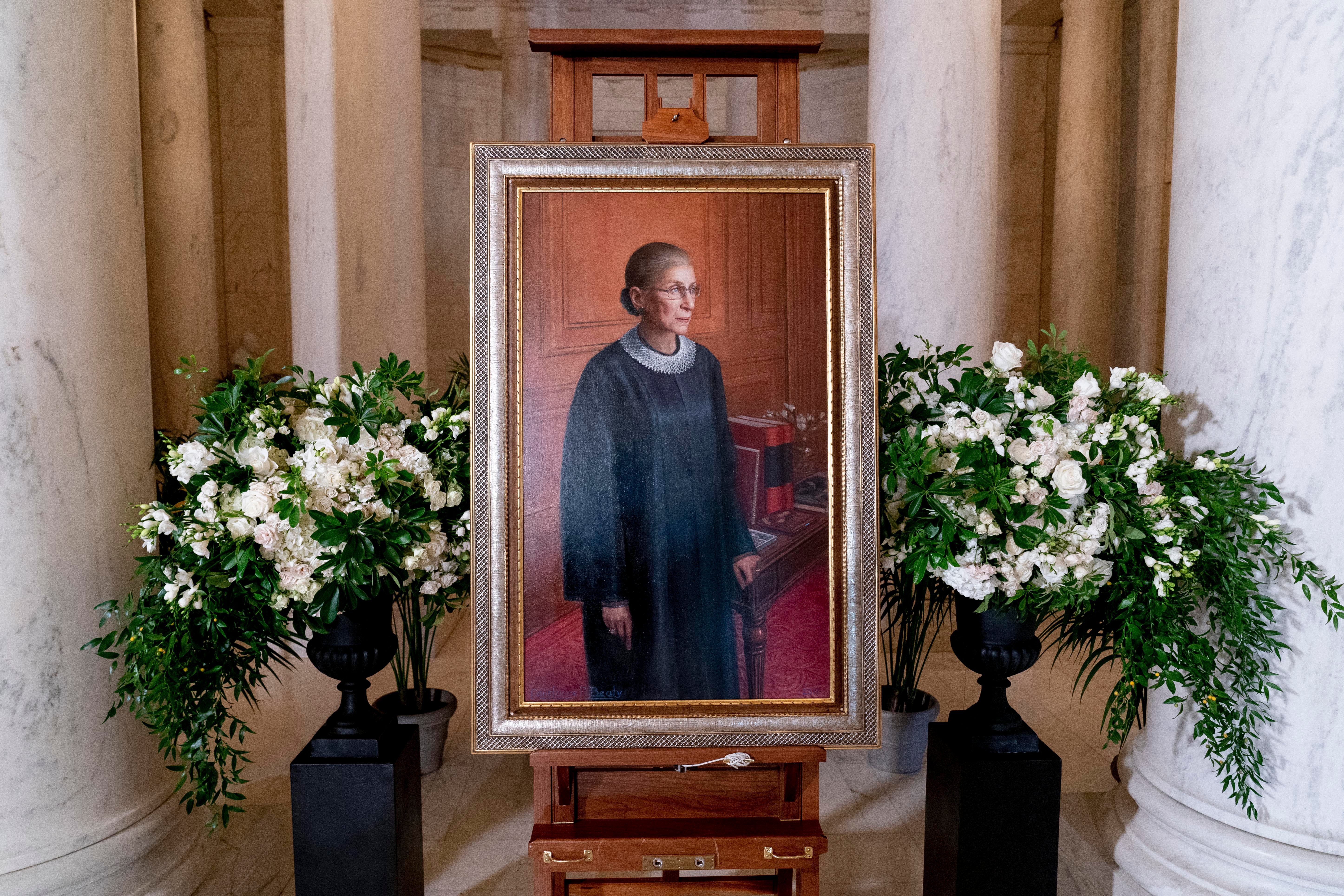 A portrait of Ruth Bader Ginsburg in the Great Hall following a private ceremony for her at the US Supreme Court