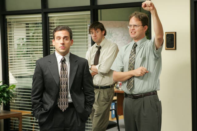 Jim's (centre) last prank on Dwight (right) featured a parody of the 1999 sci-fi adventure