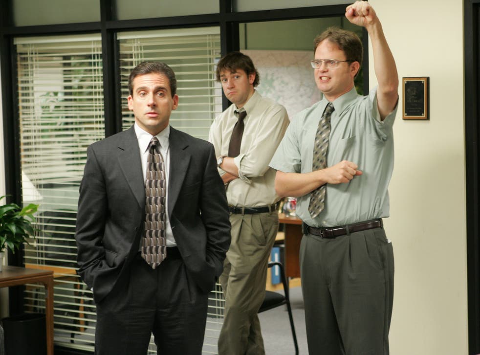 Jim's (centre) last prank on Dwight (right) featured a parody of the 1999 sci-fi adventure