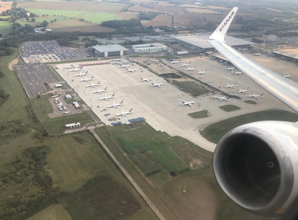 Ground stop: dozens of parked Boeing 737 aircraft at Stansted, Ryanair's main base