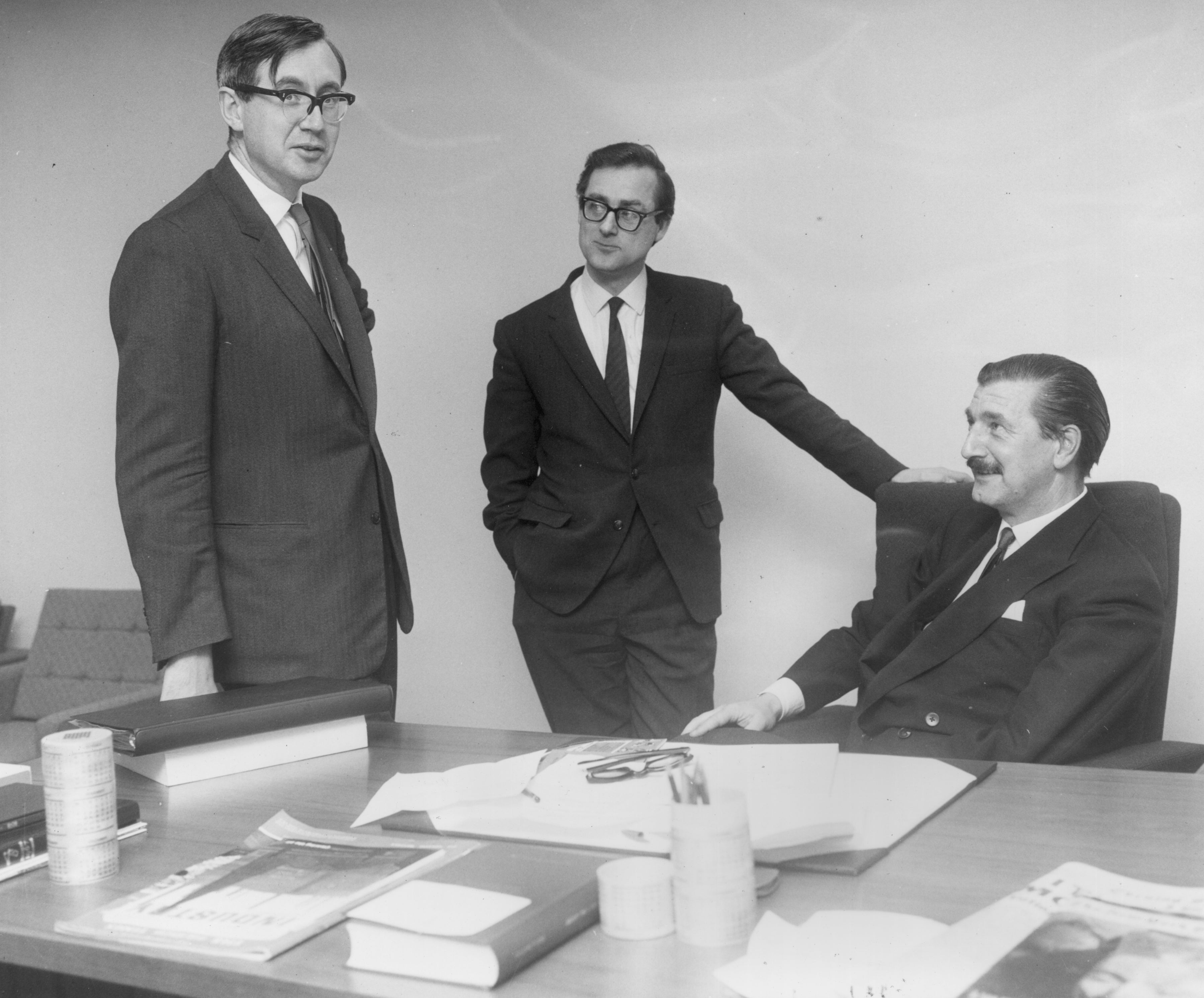 18 January 1967: (from left): William Rees-Mogg, editor of ‘The Times’; Harold Evans, editor of ‘The Sunday Times’; and Denis Hamilton, editor-in-chief of both newspapers