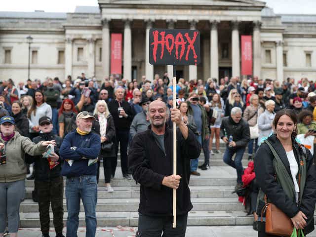 Anti-lockdown protesters, who believe that the coronavirus pandemic is a hoax, gather at the Unite For Freedom rally in Trafalgar Square, London, last month