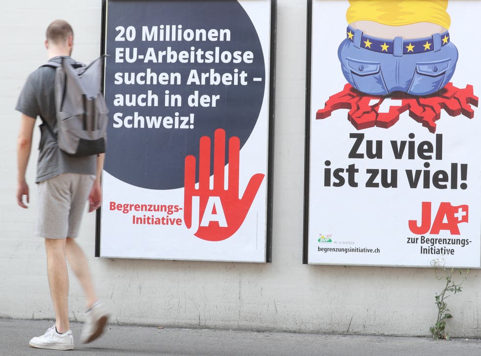 Swiss People's Party (SVP) electoral posters, including one that translates as "Too much is too much!"