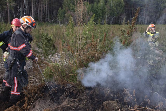 Volunteer fire fighters battle smoldering peat, so-called "zombie fires" in Siberia