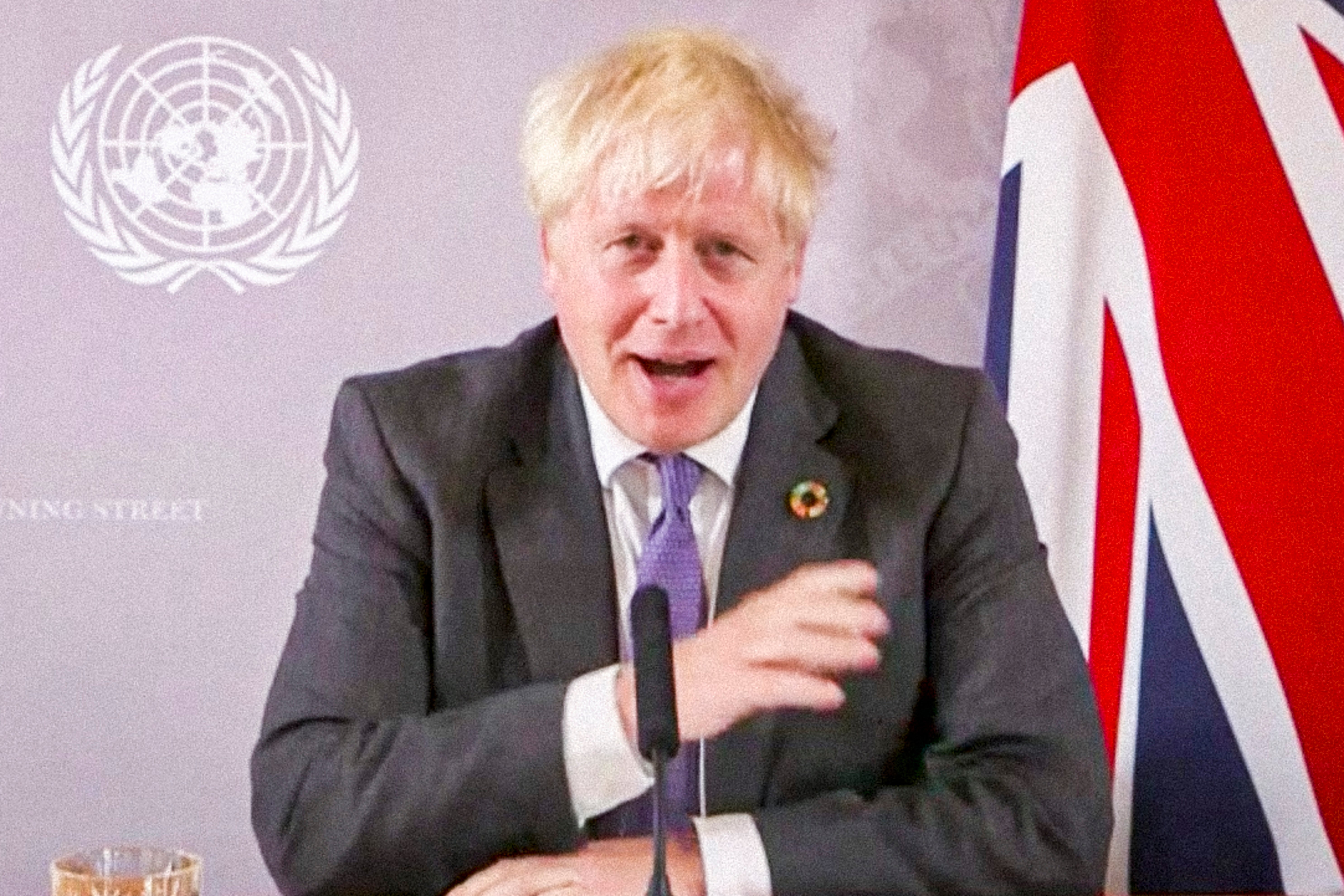 Prime minister Boris Johnson addresses the United Nations by video link