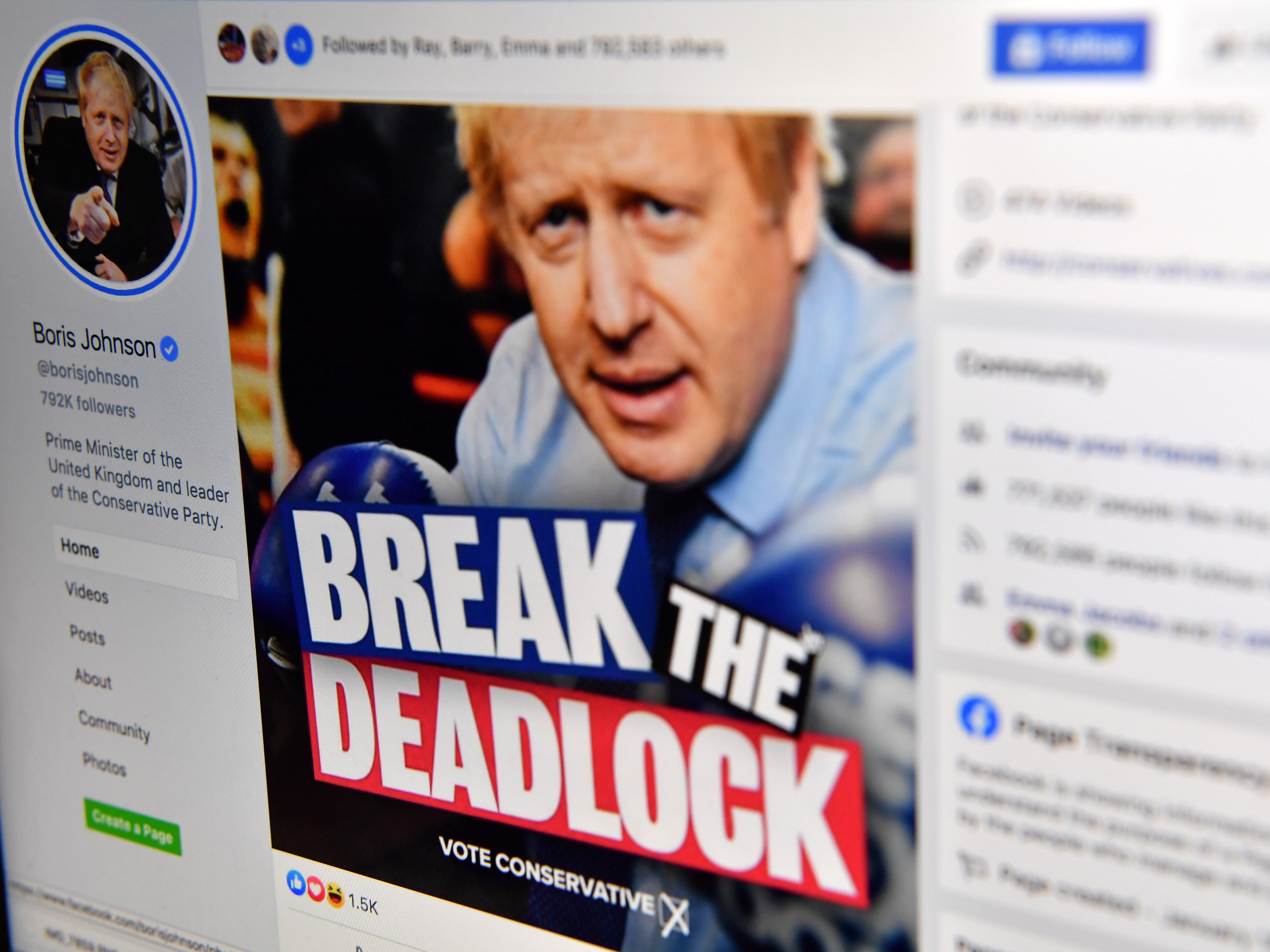 A photo illustration taken in December 2019 shows Boris Johnson's Facebook page