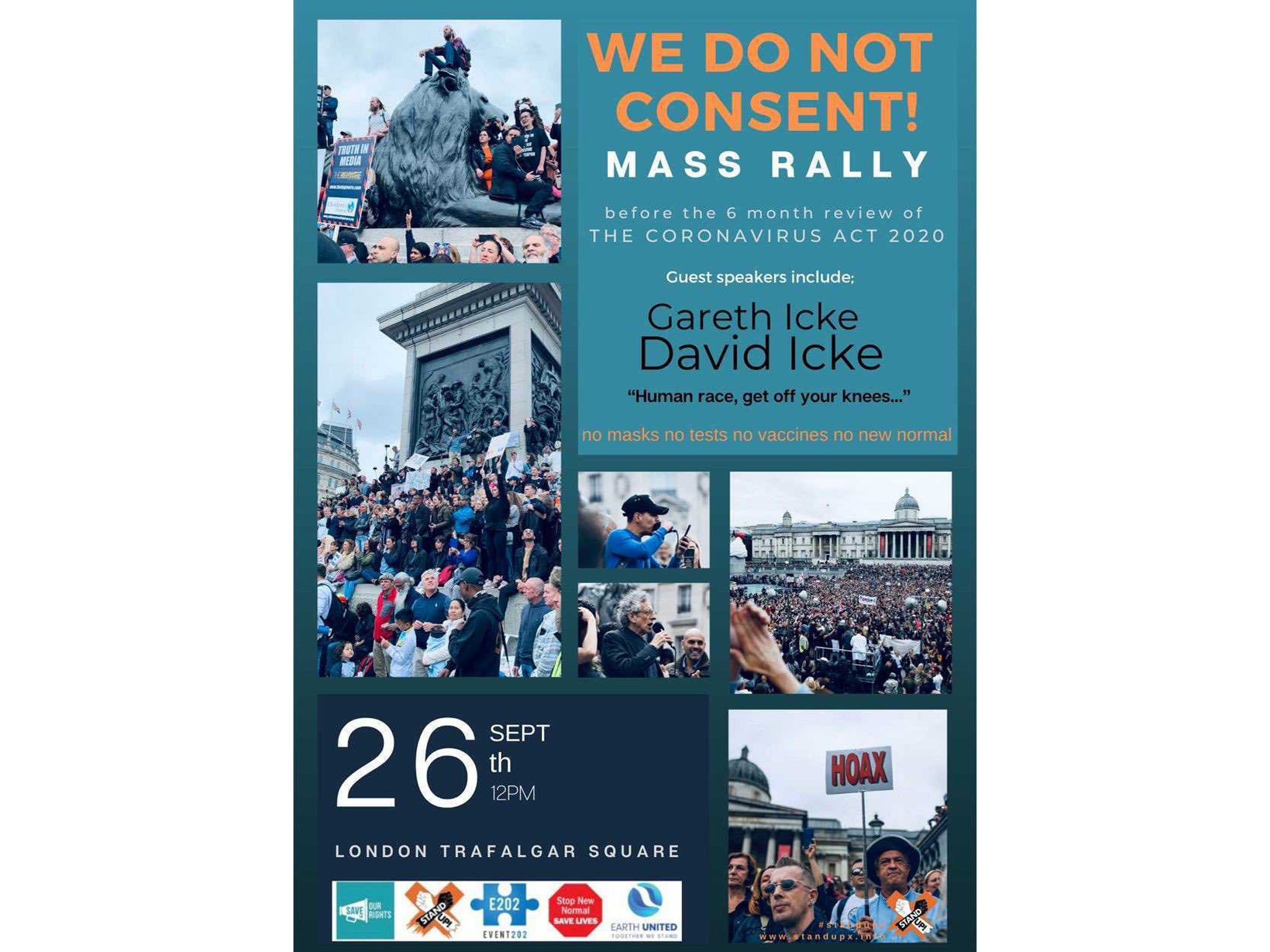 The poster bill for today's mass rally in Trafalgar Square by anti-lockdown protestors