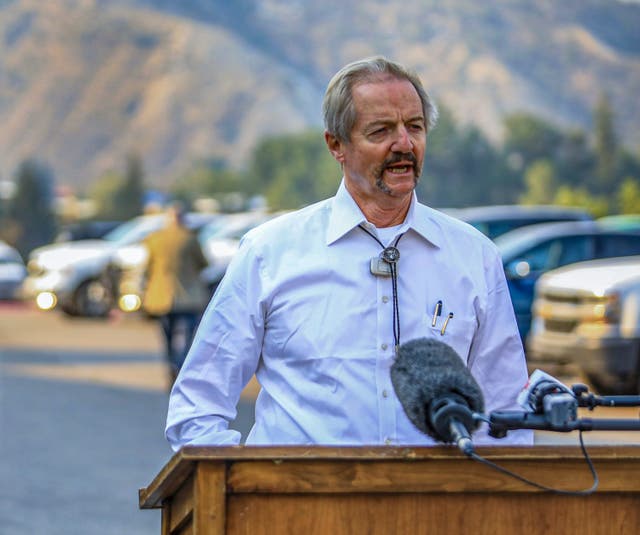 William Perry Pendley, acting director of the Bureau of Land Management, speaks to the media on the Grizzly Creek Fire in Eagle, Colorado on 14 August 2020.