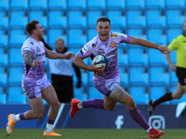 Joe Simmonds celebrates as he breaks clear as Exeter Chiefs reach the Champions Cup final