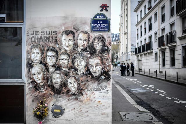 An artist's tribute to members of Charlie Hebdo newspaper who were killed by jihadist gunmen in 2015