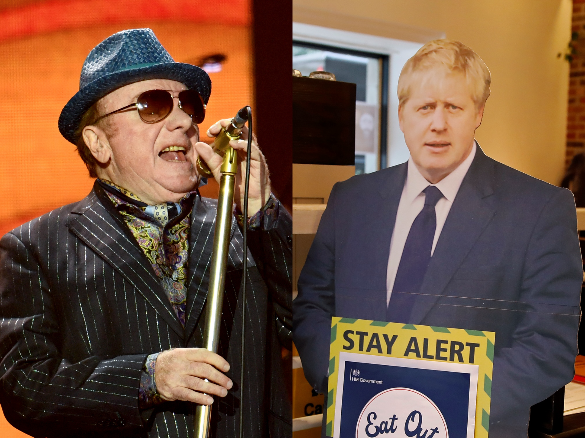 (Left) Van Morrison performing pre-lockdown, and (right) a cardboard cutout of prime minister Boris Johnson