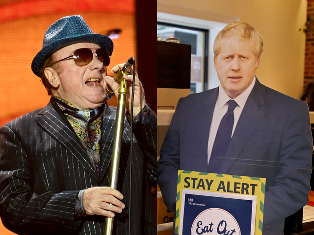 (Left) Van Morrison performing pre-lockdown, and (right) a cardboard cutout of prime minister Boris Johnson