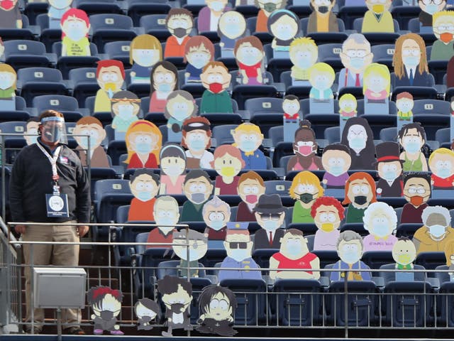 Cardboard cutouts of the television show 'South Park' are seen in the stands as the Tampa Bay Buccaneers play against the Denver Broncos