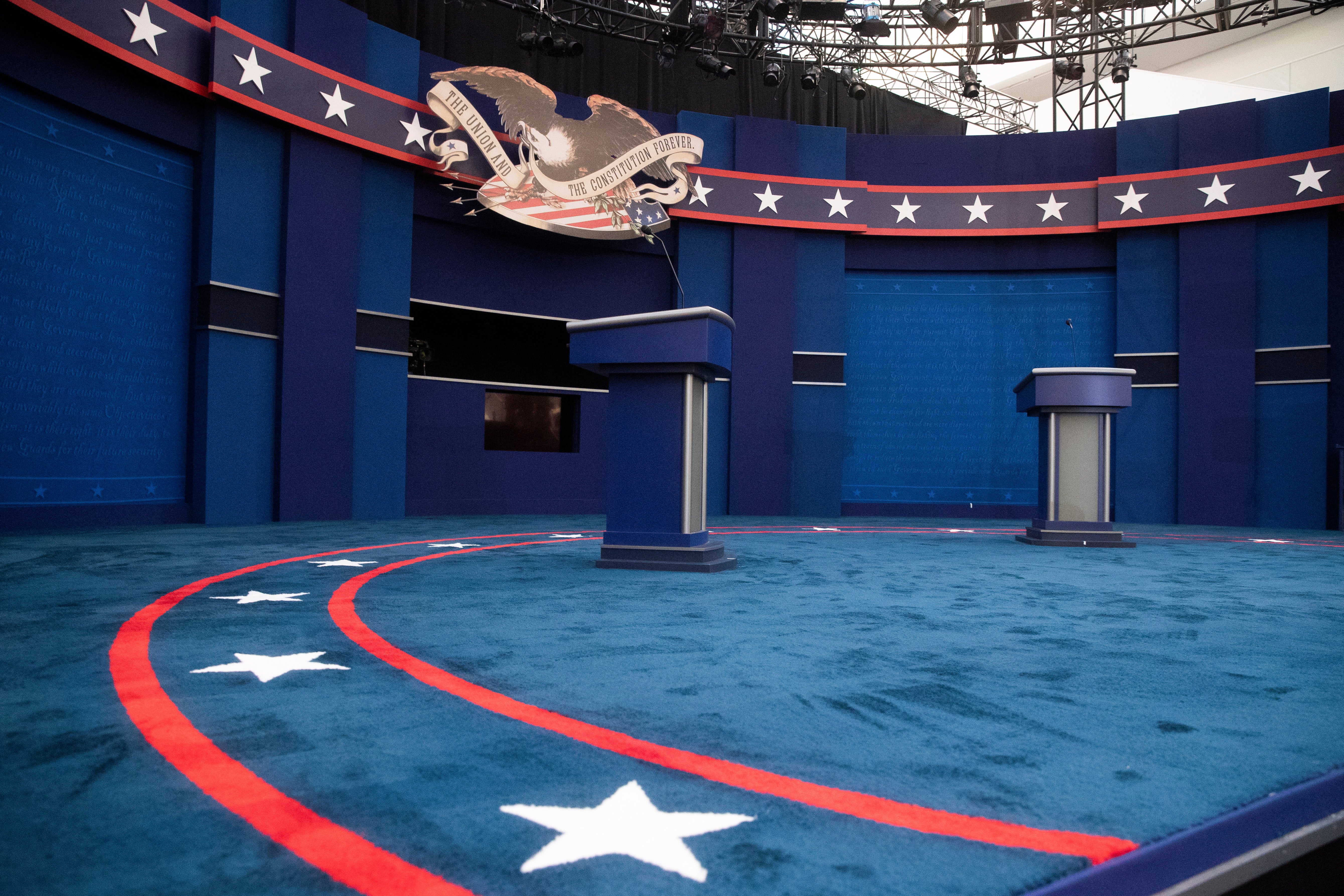 The stage is prepared for the first 2020 presidential debate in Cleveland, Ohio.