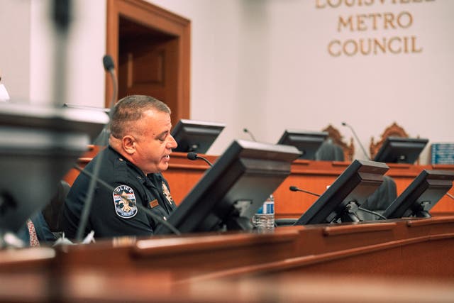 Interim police chief Robert Shroeder sits before Metro Council's Government Oversight and Audit Committee to address how police have handled protests and unrest in the response to no charged being given to officers who killed of Breonna Taylor